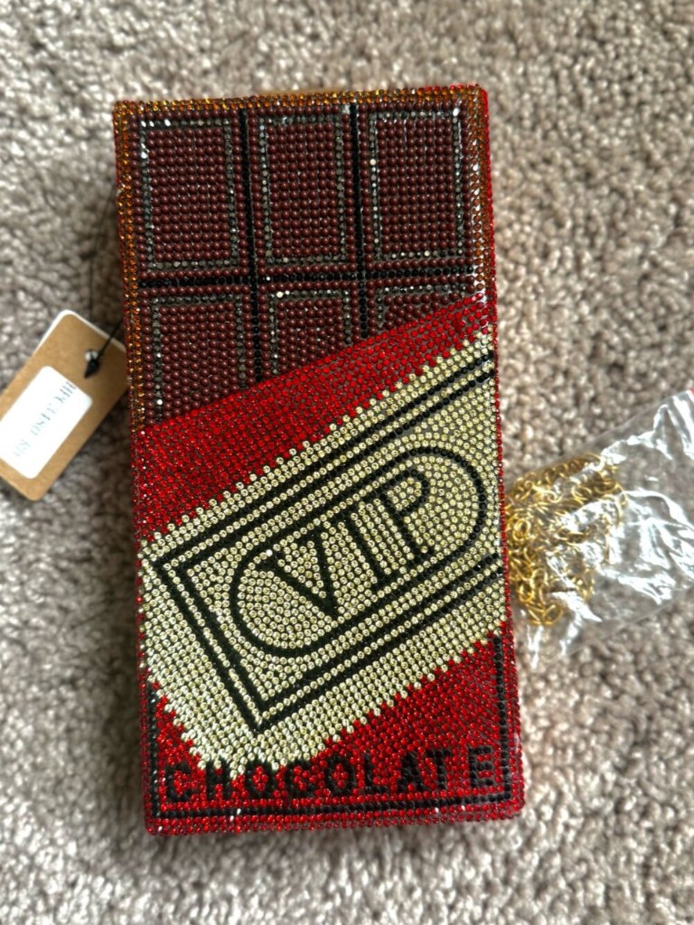NWT Rhinestone Chocolate Bar Novelty Clutch Purse with Chain
